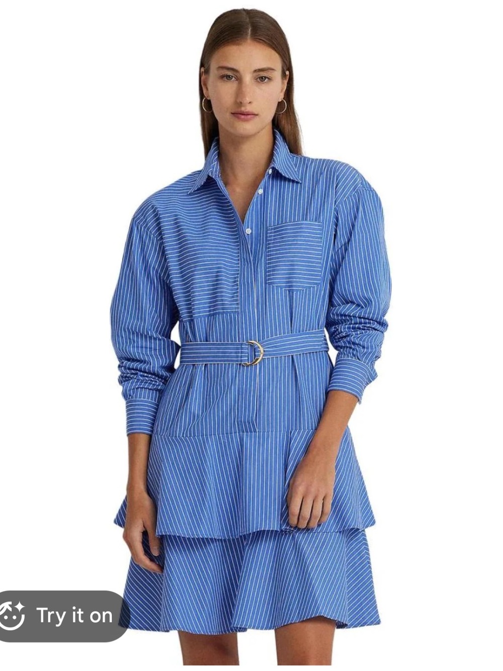 Lauren Ralph Lauren Blue and White Striped Tiered Shirtdress with Belt